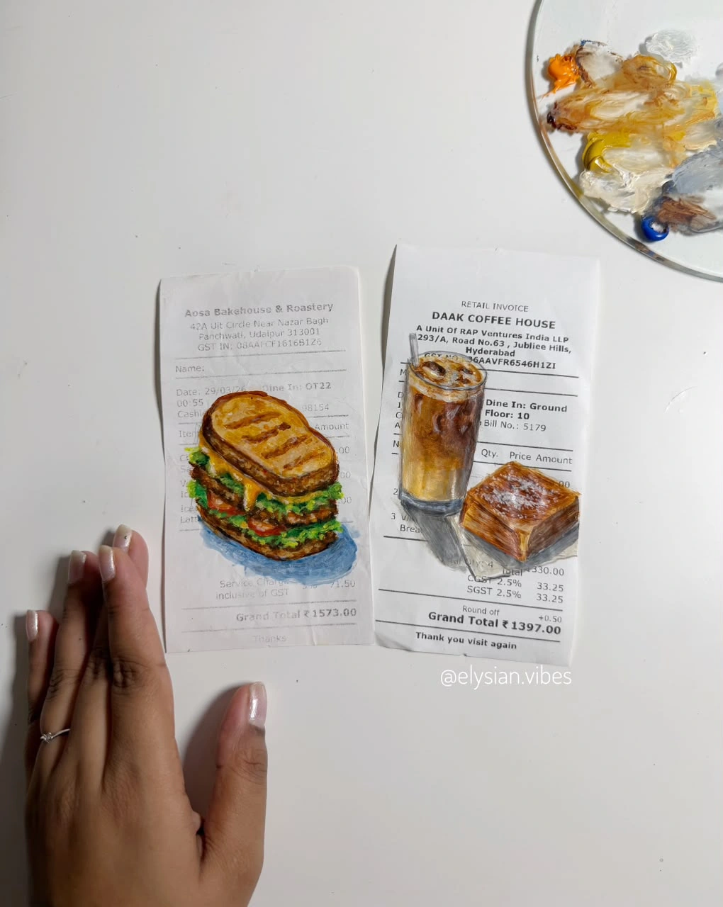 Sketchbook paintings of a sandwich and an iced drink